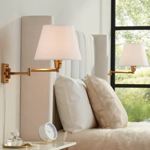 Main image of Clement Modern Swing Arm Wall Lamps Set of 2 Warm Gold Plug-in Light Fixture White Linen Hardback Shade for Bedroom Bedside House Reading Living Room Home Hallway Dining
