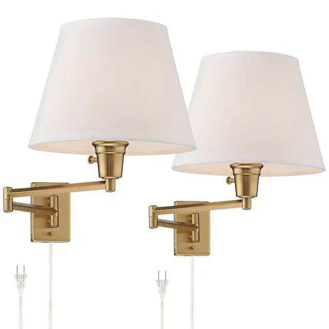 Alt view image 2 of 6 - Clement Modern Swing Arm Wall Lamps Set of 2 Warm Gold Plug-in Light Fixture White Linen Hardback Shade for Bedroom Bedside House Reading Living Room Home Hallway Dining