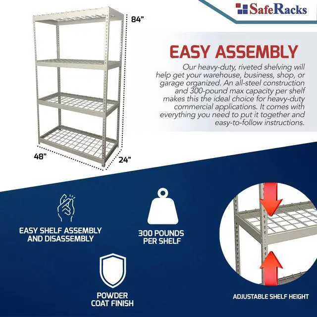 Alt view image 3 of 6 - Garage Shelving Unit - Storage Shelf that Holds 300 Pounds Per Shelf Rack - All Steel Shelves for Storage - Easy to Assemble Shelving Storage, Garage Shelf, White (24" x 48" x 84")