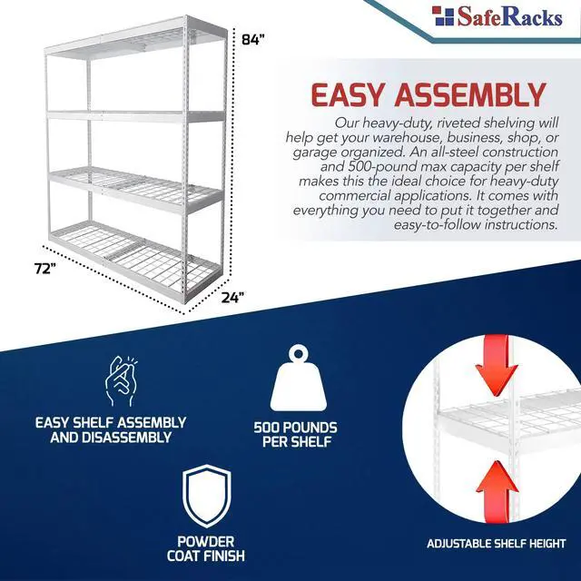 Alt view image 3 of 6 - Garage Shelving Unit - Storage Shelf that Holds 500 Pounds Per Shelf Rack - All Steel Shelves for Storage - Easy to Assemble Shelving Storage, Garage Shelf, White (24" x 72" x 84")