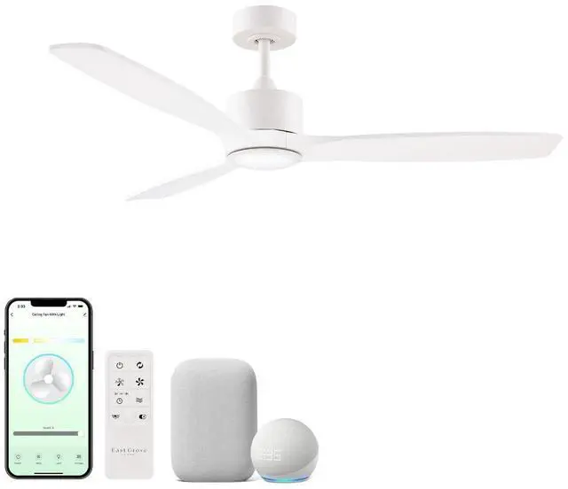 Main image of Madera 52in 3-Blade Smart Indoor or Outdoor Ceiling Fan 2700K-6000K CCT Tunable Range LED Light Kit in Matte White with White Solid Wood Blades Works With iOS or Android App
