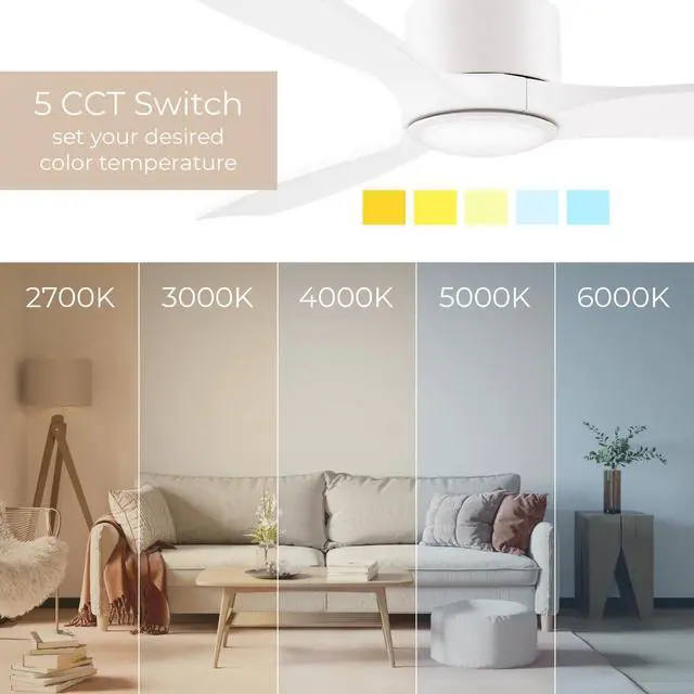 Alt view image 5 of 6 - Madera 52in 3-Blade Smart Indoor or Outdoor Ceiling Fan 2700K-6000K CCT Tunable Range LED Light Kit in Matte White with White Solid Wood Blades Works With iOS or Android App
