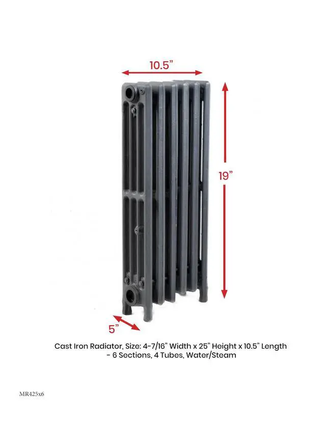 Alt view image 2 of 3 - Cast Iron Radiator, 25" Height, 4-7/16 Depth, 10.5" Length, 4-Tube, Steam Radiator, Hot Water Radiator, Home Radiator, Cast Iron Radiators for Home Heating, Cast Iron Heater, by