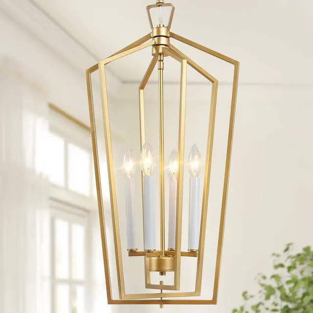 Main image of Gold Chandelier, 4-Light Gold Lantern Pendant Light with Adjustable Framework for Kitchen, Dining Room, 14" W x 28.3" H