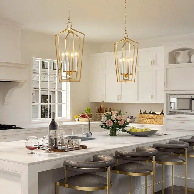 Alt view image 2 of 6 - Gold Chandelier, 4-Light Gold Lantern Pendant Light with Adjustable Framework for Kitchen, Dining Room, 14" W x 28.3" H