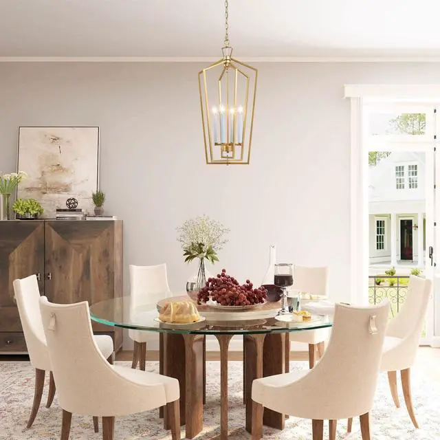 Alt view image 3 of 6 - Gold Chandelier, 4-Light Gold Lantern Pendant Light with Adjustable Framework for Kitchen, Dining Room, 14" W x 28.3" H