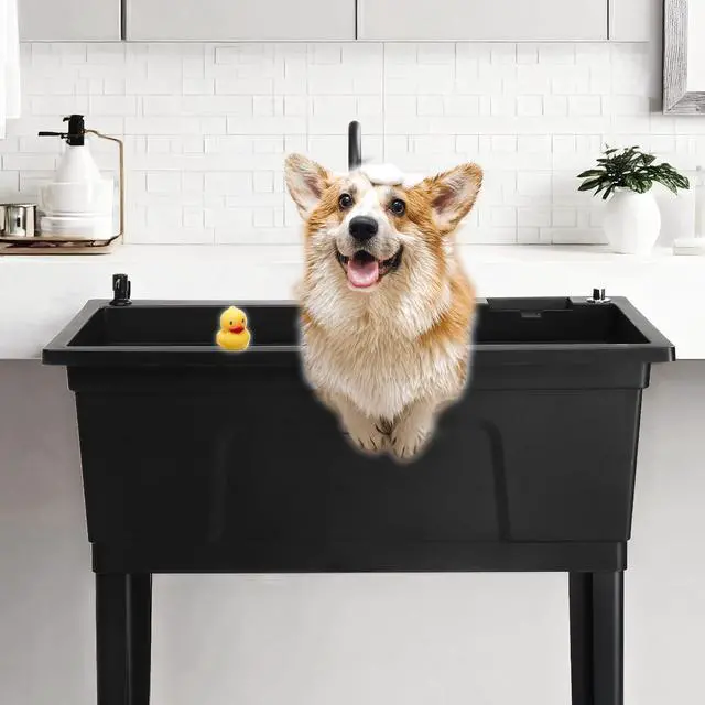 Alt view image 2 of 6 - 37-Gallon Freestanding Utility Sink with Faucet, 36" Heightened Basin for Laundry, Garage, Outdoor Garden, Pet Wash, Heavy Duty Plastic Laundry Tub with Storage Shelf, 40"L×24"W×36"H (Black)