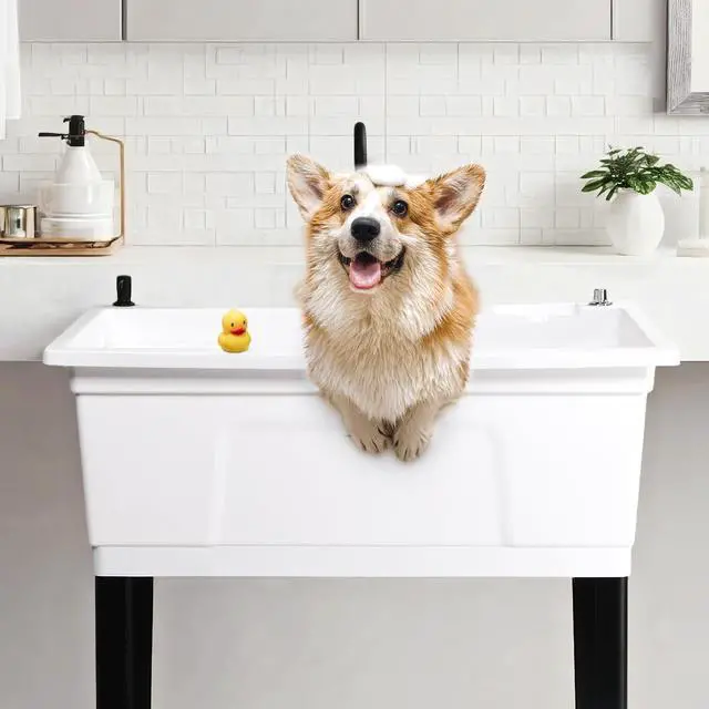 Alt view image 6 of 6 - 37-Gallon Freestanding Utility Sink with Faucet, 36" Heightened Basin for Laundry, Garage, Outdoor Garden, Pet Wash, Heavy Duty Plastic Laundry Tub with Storage Shelf, 40"L×24"W×36"H (White)