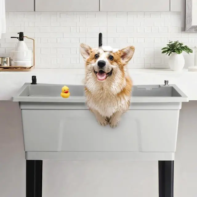 Alt view image 2 of 6 - 37-Gallon Freestanding Utility Sink with Faucet, 36" Heightened Basin for Laundry, Garage, Outdoor Garden, Pet Wash, Heavy Duty Plastic Laundry Tub with Storage Shelf, 40"L×24"W×36"H (Gray)