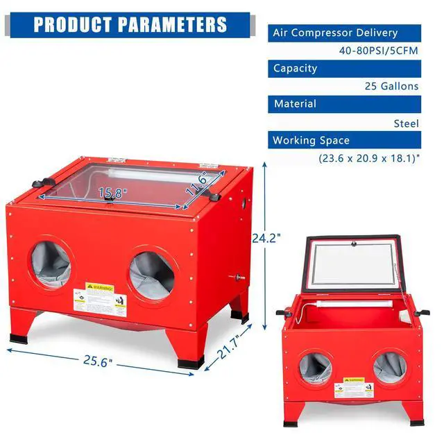 Alt view image 2 of 6 - 25 Gallon Sandblasting Cabinet | 40-80 PSI, Blasting Gun & 4 Nozzle, Heavy Duty Steel Bench Top, For Stain, Removal, Paint