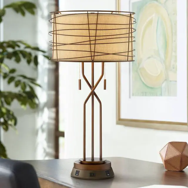 Main image of Marlowe Rustic Industrial Table Lamp with USB and AC Power Outlet Workstation Charging Base 28.75" Tall Bronze Woven Metal Burlap Fabric Drum Shade for Living Room Bedroom