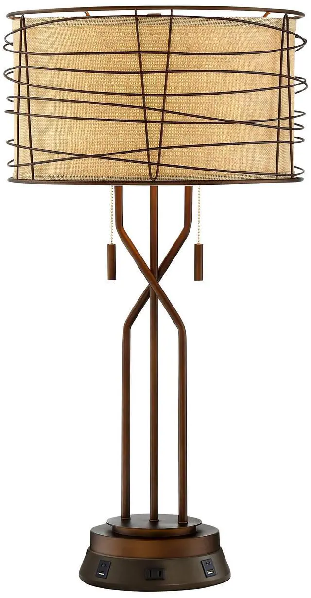 Alt view image 2 of 6 - Marlowe Rustic Industrial Table Lamp with USB and AC Power Outlet Workstation Charging Base 28.75" Tall Bronze Woven Metal Burlap Fabric Drum Shade for Living Room Bedroom