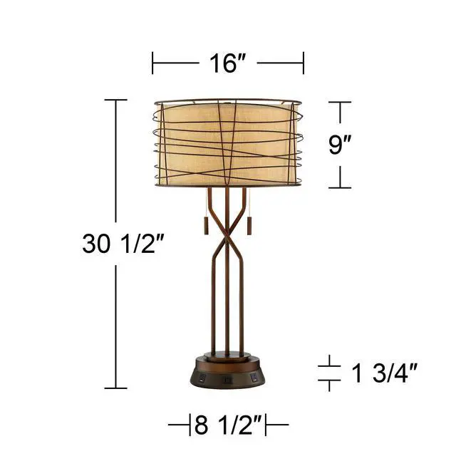Alt view image 4 of 6 - Marlowe Rustic Industrial Table Lamp with USB and AC Power Outlet Workstation Charging Base 28.75" Tall Bronze Woven Metal Burlap Fabric Drum Shade for Living Room Bedroom