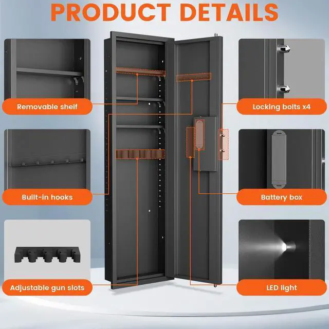 Alt view image 4 of 6 - 53.15" Wall Safe Between the Studs, Digital Hidden In Wall Gun Safe with Gun Rack & Adjustable Shelves, Wall Safes Between the Studs Fireproof with Dual Alarm System & Mute Mode(Black)