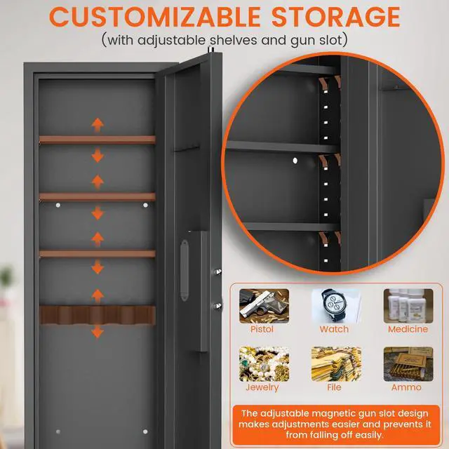 Alt view image 5 of 6 - 53.15" Wall Safe Between the Studs, Digital Hidden In Wall Gun Safe with Gun Rack & Adjustable Shelves, Wall Safes Between the Studs Fireproof with Dual Alarm System & Mute Mode(Black)