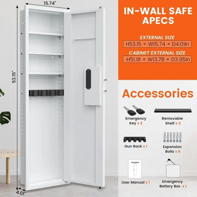 Alt view image 2 of 6 - 53.15" Wall Safe Between the Studs, In Wall Gun Safe, Digital Hidden Gun Safe with Gun Rack and Adjustable Shelves, Gun Safes & Cabinets with Dual Alarm System and Mute Mode(White-Digital)