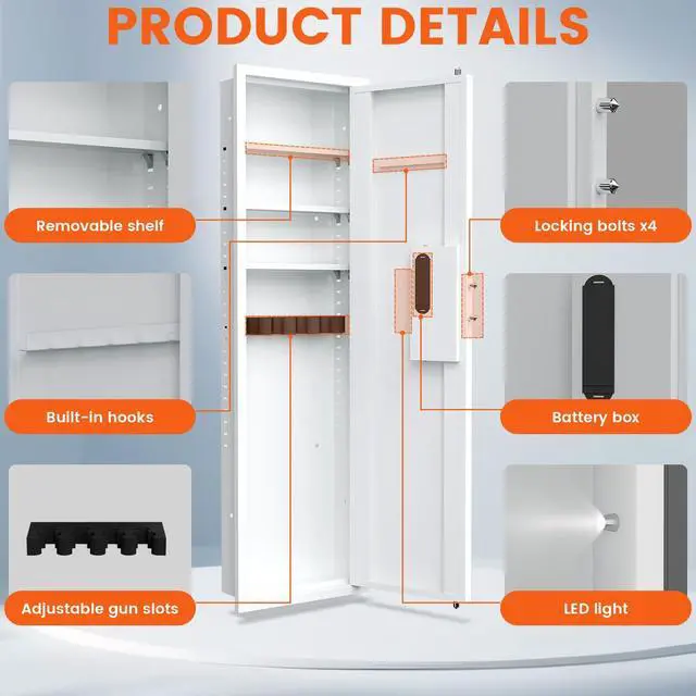 Alt view image 5 of 6 - 53.15" Wall Safe Between the Studs, In Wall Gun Safe, Digital Hidden Gun Safe with Gun Rack and Adjustable Shelves, Gun Safes & Cabinets with Dual Alarm System and Mute Mode(White-Digital)