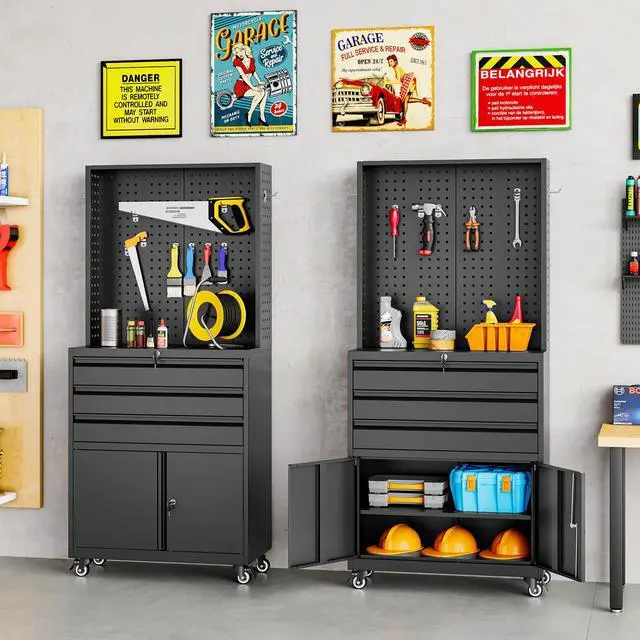 Alt view image 2 of 6 - Metal Storage Cabinet with Wheels and Drawers,Rolling Garage Storage Cabinet with Lock,Black Metal Tool Cabinet with Hooks,Tall Tool Cabinet on Wheels for Garage,Home,Office,Shop