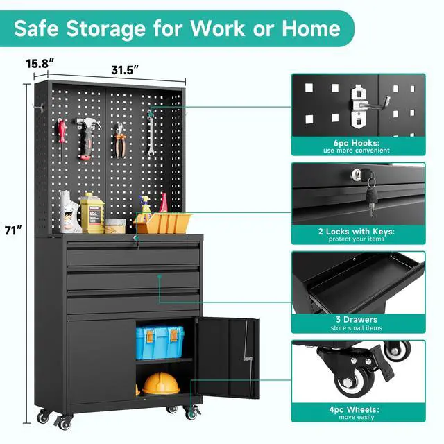 Alt view image 3 of 6 - Metal Storage Cabinet with Wheels and Drawers,Rolling Garage Storage Cabinet with Lock,Black Metal Tool Cabinet with Hooks,Tall Tool Cabinet on Wheels for Garage,Home,Office,Shop