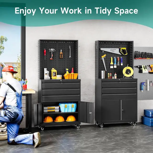 Alt view image 4 of 6 - Metal Storage Cabinet with Wheels and Drawers,Rolling Garage Storage Cabinet with Lock,Black Metal Tool Cabinet with Hooks,Tall Tool Cabinet on Wheels for Garage,Home,Office,Shop