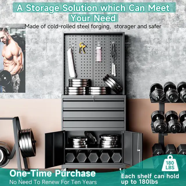 Alt view image 5 of 6 - Metal Storage Cabinet with Wheels and Drawers,Rolling Garage Storage Cabinet with Lock,Black Metal Tool Cabinet with Hooks,Tall Tool Cabinet on Wheels for Garage,Home,Office,Shop