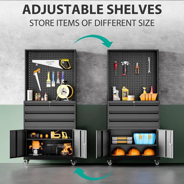 Alt view image 6 of 6 - Metal Storage Cabinet with Wheels and Drawers,Rolling Garage Storage Cabinet with Lock,Black Metal Tool Cabinet with Hooks,Tall Tool Cabinet on Wheels for Garage,Home,Office,Shop