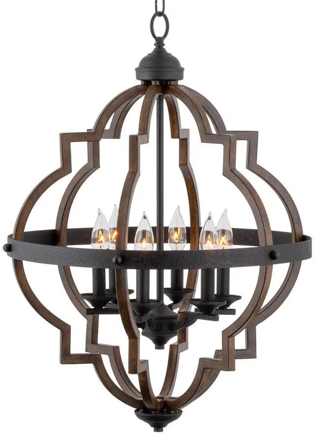Main image of Capistrano 28" 6-Light Modern Geometric Chandelier with Hand-Painted Wood Grain Metal, Mid Century Quatrefoil Globe Lantern, Walnut Wood and Textured Black Finish