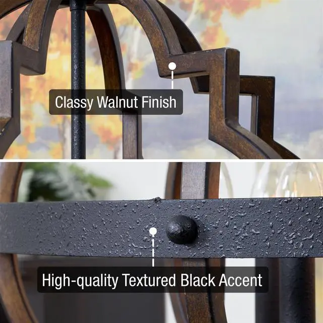 Alt view image 2 of 6 - Capistrano 28" 6-Light Modern Geometric Chandelier with Hand-Painted Wood Grain Metal, Mid Century Quatrefoil Globe Lantern, Walnut Wood and Textured Black Finish