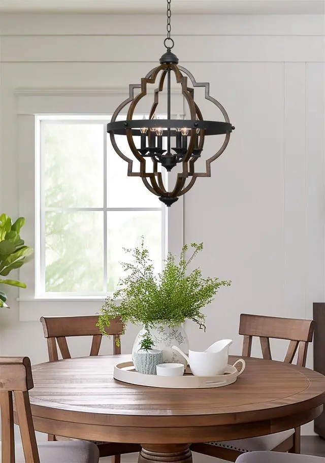 Alt view image 3 of 6 - Capistrano 28" 6-Light Modern Geometric Chandelier with Hand-Painted Wood Grain Metal, Mid Century Quatrefoil Globe Lantern, Walnut Wood and Textured Black Finish
