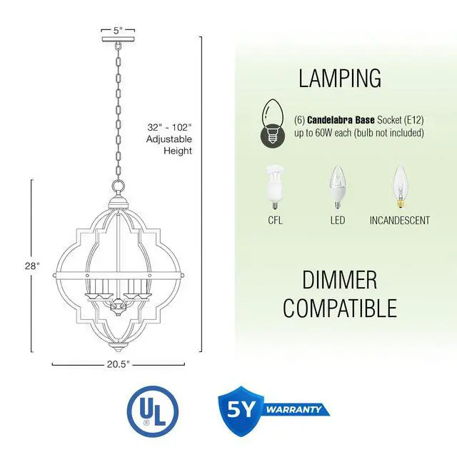 Alt view image 4 of 6 - Capistrano 28" 6-Light Modern Geometric Chandelier with Hand-Painted Wood Grain Metal, Mid Century Quatrefoil Globe Lantern, Walnut Wood and Textured Black Finish