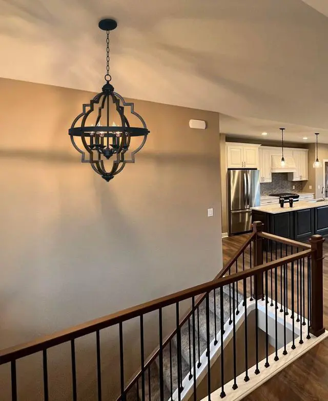 Alt view image 5 of 6 - Capistrano 28" 6-Light Modern Geometric Chandelier with Hand-Painted Wood Grain Metal, Mid Century Quatrefoil Globe Lantern, Walnut Wood and Textured Black Finish