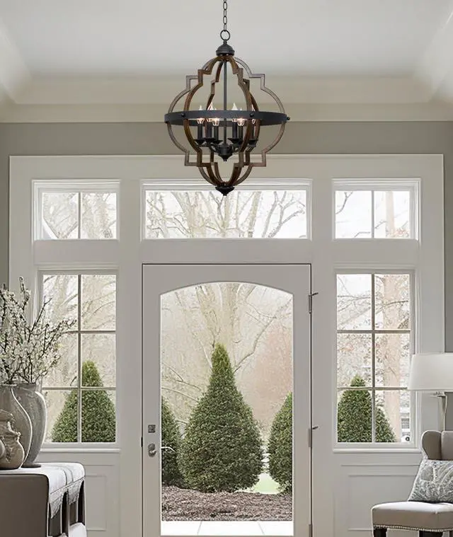 Alt view image 6 of 6 - Capistrano 28" 6-Light Modern Geometric Chandelier with Hand-Painted Wood Grain Metal, Mid Century Quatrefoil Globe Lantern, Walnut Wood and Textured Black Finish