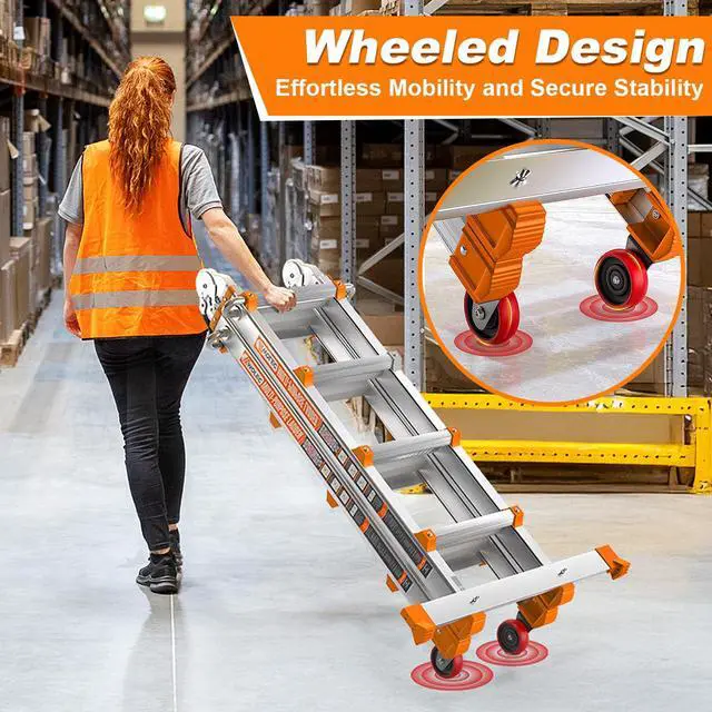 Alt view image 3 of 6 - 14FT A Frame Extension Ladder, 4-Step Aluminum Alloy Ladder with Stabilizer Bar & Rolling Wheels, 330 LBS Heavy Duty, Multi-Use Ladder for Stairs Home Roof Indoor Outdoor Projects (Orange)