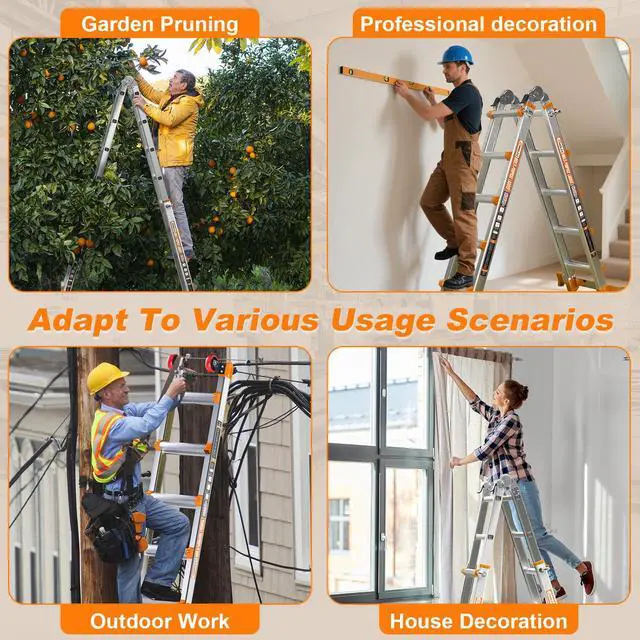 Alt view image 6 of 6 - 14FT A Frame Extension Ladder, 4-Step Aluminum Alloy Ladder with Stabilizer Bar & Rolling Wheels, 330 LBS Heavy Duty, Multi-Use Ladder for Stairs Home Roof Indoor Outdoor Projects (Orange)