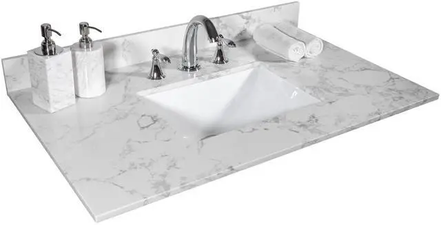 Main image of 31 Inch Bathroom Vanity Top Stone, Carrara White Engineered Marble Stone Vanity Sink Top with Undermount Ceramic Sink and Back Splash with 3 Faucet Hole for Bathrom Cabinet (31"x22"(3 Holes))
