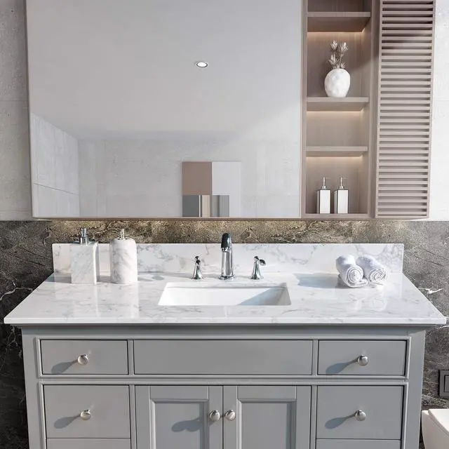 Alt view image 3 of 6 - 31 Inch Bathroom Vanity Top Stone, Carrara White Engineered Marble Stone Vanity Sink Top with Undermount Ceramic Sink and Back Splash with 3 Faucet Hole for Bathrom Cabinet (31"x22"(3 Holes))