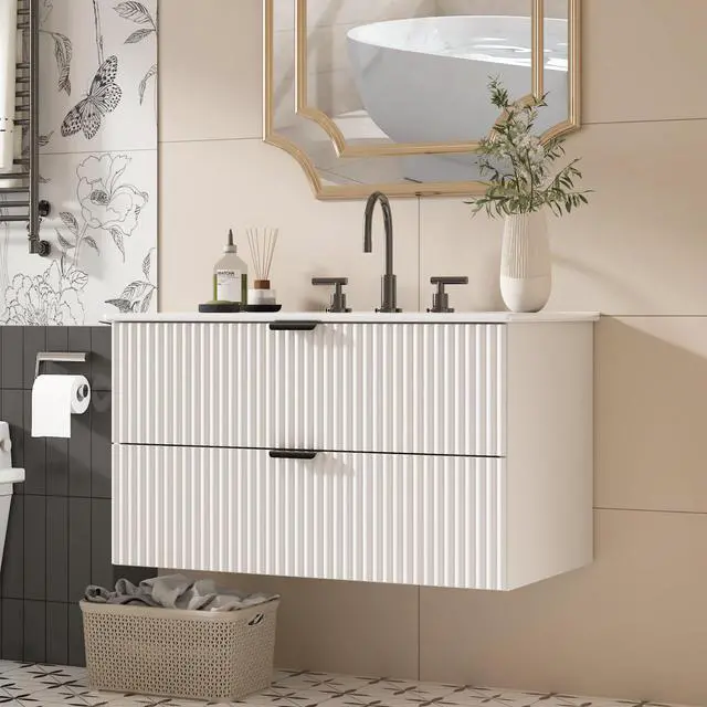 Main image of 30" Bathroom Vanity with Sink Combo, Floating Vanity Bathroom Cabinet with Ceramic Basin, Soft-Close Function,Modern Wall Mount Sink Vanity for Guest or Master Bath