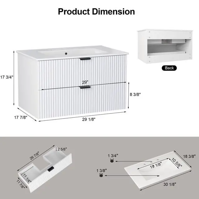 Alt view image 2 of 6 - 30" Bathroom Vanity with Sink Combo, Floating Vanity Bathroom Cabinet with Ceramic Basin, Soft-Close Function,Modern Wall Mount Sink Vanity for Guest or Master Bath