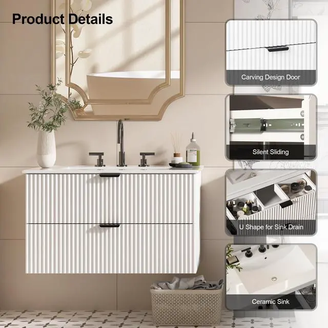 Alt view image 3 of 6 - 30" Bathroom Vanity with Sink Combo, Floating Vanity Bathroom Cabinet with Ceramic Basin, Soft-Close Function,Modern Wall Mount Sink Vanity for Guest or Master Bath