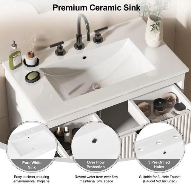 Alt view image 4 of 6 - 30" Bathroom Vanity with Sink Combo, Floating Vanity Bathroom Cabinet with Ceramic Basin, Soft-Close Function,Modern Wall Mount Sink Vanity for Guest or Master Bath