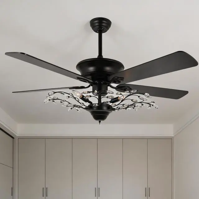 Main image of 46" Crystal Ceiling Fan with Light and Remote Control 6-Speed Change Black Vintage Crystal Flower Fandelier Wooden Chandelier Ceiling Fan for Dining Living Room Kitchen Bedroom
