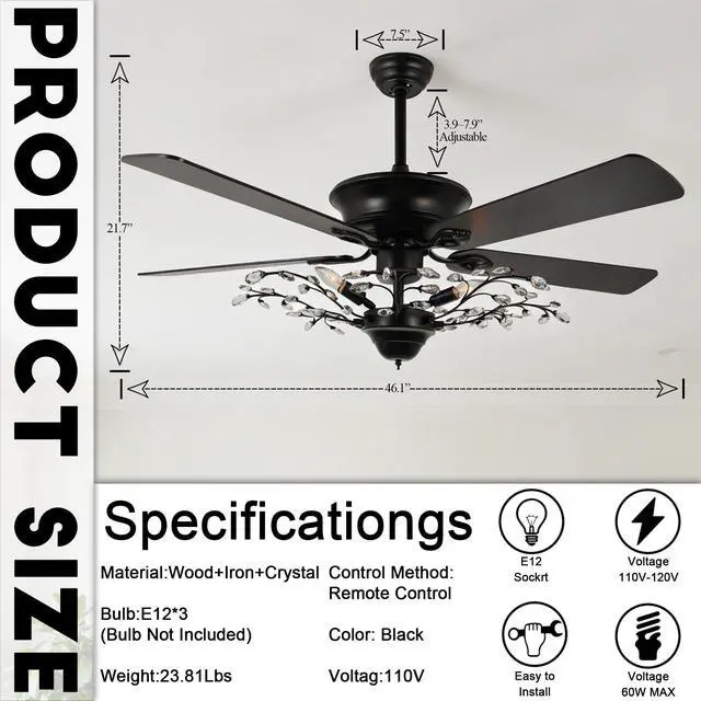 Alt view image 2 of 6 - 46" Crystal Ceiling Fan with Light and Remote Control 6-Speed Change Black Vintage Crystal Flower Fandelier Wooden Chandelier Ceiling Fan for Dining Living Room Kitchen Bedroom