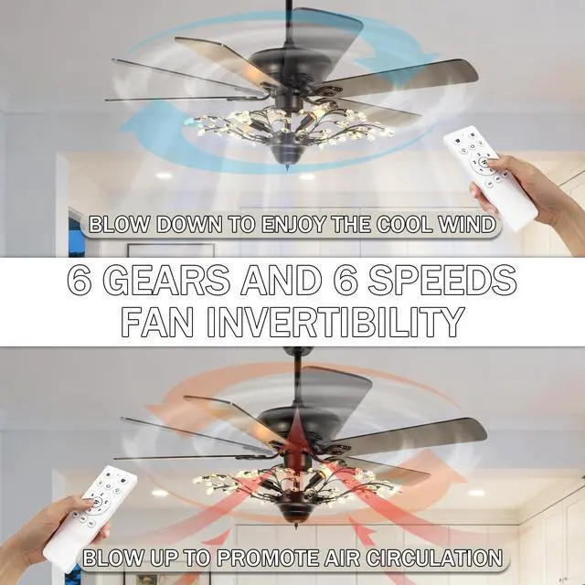 Alt view image 3 of 6 - 46" Crystal Ceiling Fan with Light and Remote Control 6-Speed Change Black Vintage Crystal Flower Fandelier Wooden Chandelier Ceiling Fan for Dining Living Room Kitchen Bedroom