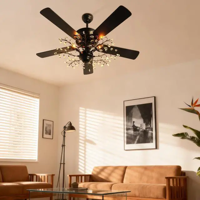 Alt view image 4 of 6 - 46" Crystal Ceiling Fan with Light and Remote Control 6-Speed Change Black Vintage Crystal Flower Fandelier Wooden Chandelier Ceiling Fan for Dining Living Room Kitchen Bedroom