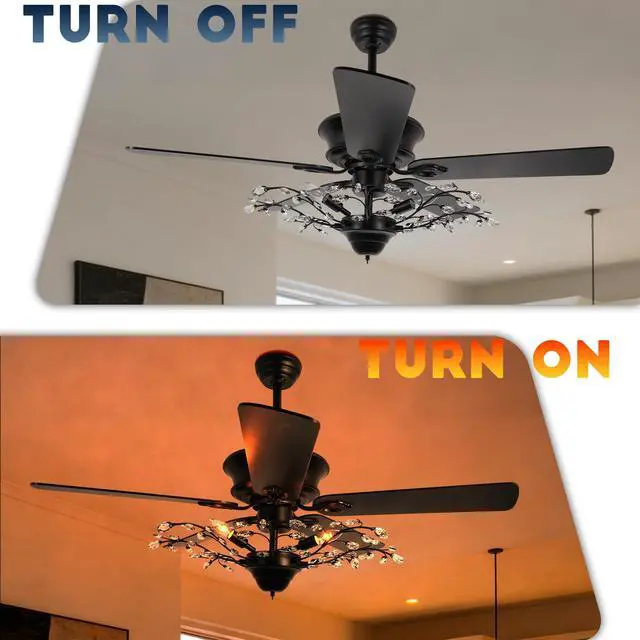 Alt view image 5 of 6 - 46" Crystal Ceiling Fan with Light and Remote Control 6-Speed Change Black Vintage Crystal Flower Fandelier Wooden Chandelier Ceiling Fan for Dining Living Room Kitchen Bedroom