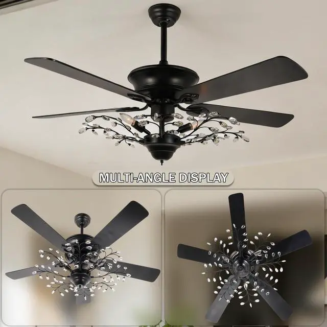 Alt view image 6 of 6 - 46" Crystal Ceiling Fan with Light and Remote Control 6-Speed Change Black Vintage Crystal Flower Fandelier Wooden Chandelier Ceiling Fan for Dining Living Room Kitchen Bedroom