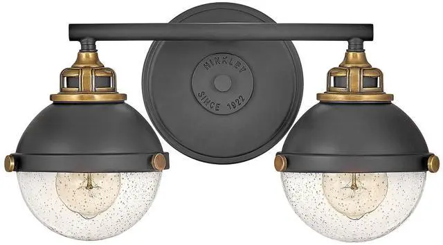 Main image of Fletcher 5172BK Two-Light Bath Vanity Fixture, Vintage Industrial Fixture, Clear Seedy Glass, Bath and Beyond, Black and Heritage Brass