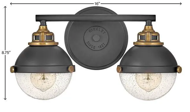 Alt view image 2 of 6 - Fletcher 5172BK Two-Light Bath Vanity Fixture, Vintage Industrial Fixture, Clear Seedy Glass, Bath and Beyond, Black and Heritage Brass