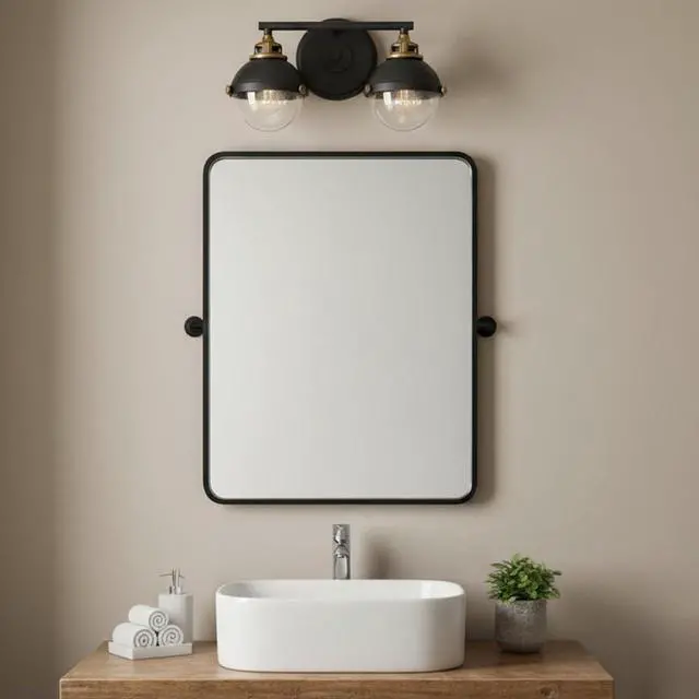 Alt view image 3 of 6 - Fletcher 5172BK Two-Light Bath Vanity Fixture, Vintage Industrial Fixture, Clear Seedy Glass, Bath and Beyond, Black and Heritage Brass