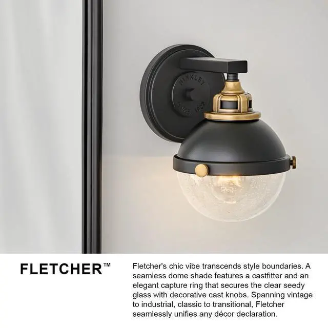 Alt view image 4 of 6 - Fletcher 5172BK Two-Light Bath Vanity Fixture, Vintage Industrial Fixture, Clear Seedy Glass, Bath and Beyond, Black and Heritage Brass